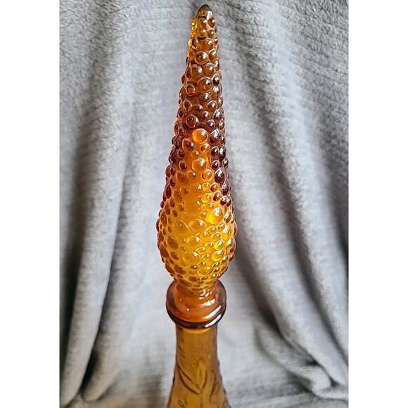 Vintage 23" MCM Empoli Genie Bottle Decanter Amber Grapes w/Hobnail Stopper - Picture 3 of 9